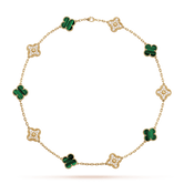 18K Vintage Alhambra Malachite Diamonds 10 Motifs Necklace
